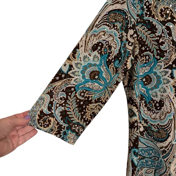SHANNON FORD  CHOCOLATE/BLUE PRINT TOP w/SPARKLE    MEDIUM/PETITE - Picture 2 of 5